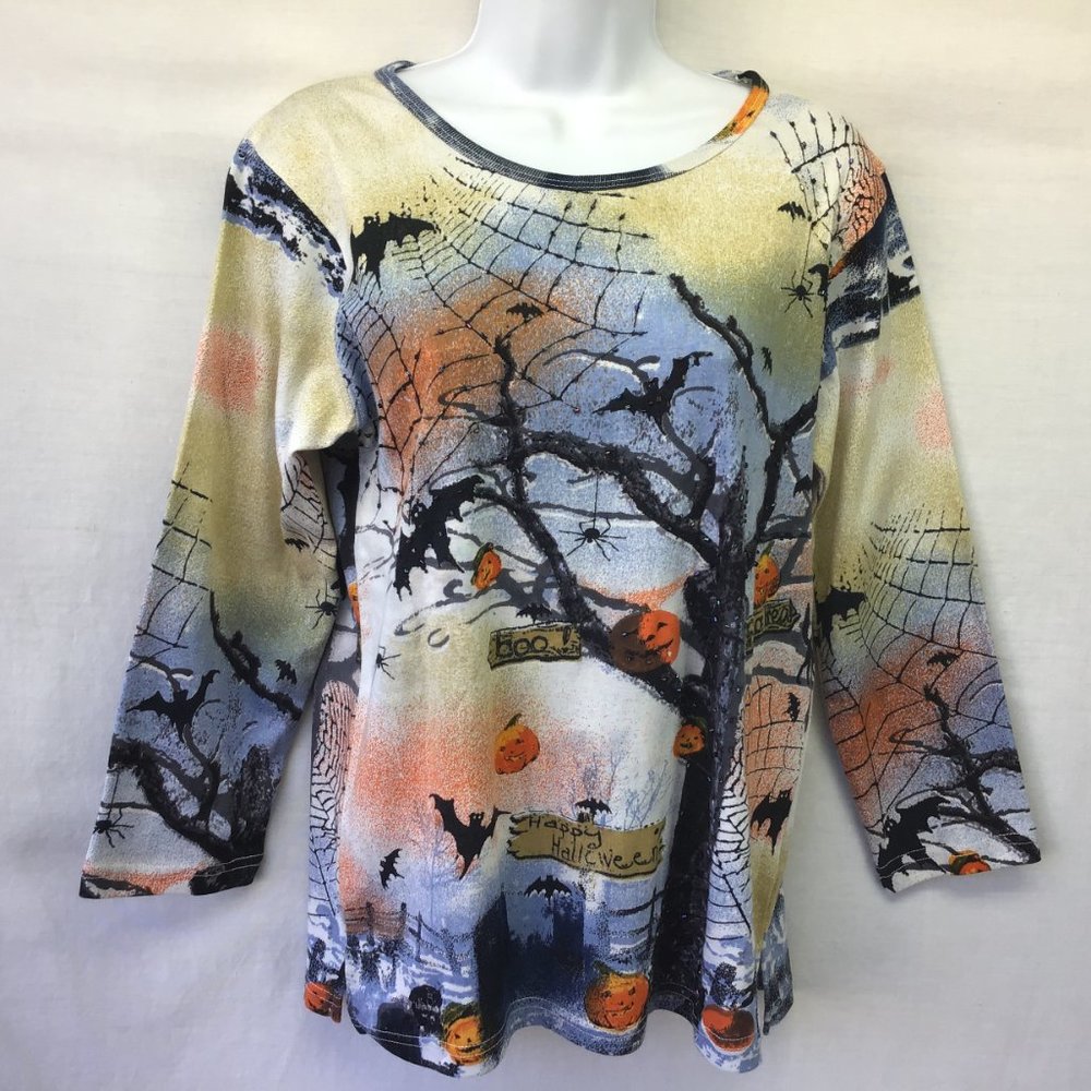 Jane Ashley Halloween Top Black Spooky Tree ~ Pumpkins~ Spider Webs~ Sequins M